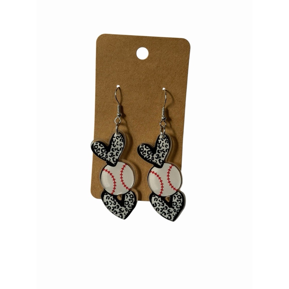 Baseball Heart Leopard Print Acrylic Dangle Earrings Sporty Game Day Jewelry